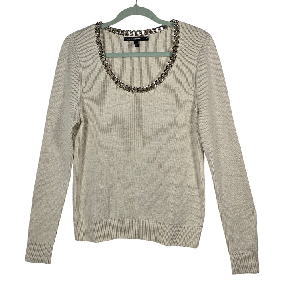White House Black Market Cream Chain‎ Neck Ribbed Cashmere Blend Sweater Large